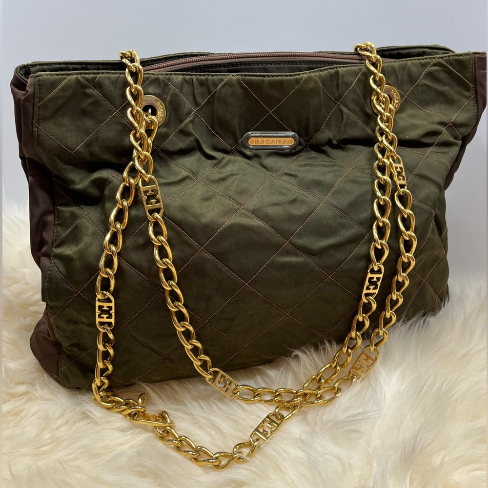 Escada Vintage Lux Quilted Nylon Tote/Shoulder Bag Olive Green and Brown - Picture 6 of 17